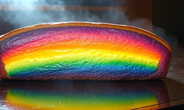 A vibrant display of multicolored toast slices arranged in a row, creating a whimsical food art scene.