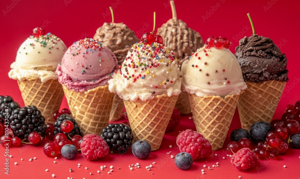 Poster set of different ice creams cones with sprinkles on top on red background and with decorated with be