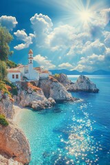 Coastal village, bell tower, rocky shore, clear water, sunny sky.