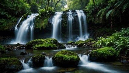 Naklejka premium Cascading waterfalls in a lush forest.