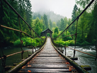 Obraz premium Slightly broken wooden bridge over a calm river surrounded by lush green nature, evoking a serene and rustic atmosphere. Generative AI