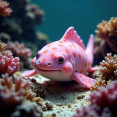 Obraz premium This unique fish with pink spots glides through the coral reefs, showcasing a beautiful marine ecosystem filled with colorful corals. Generative AI