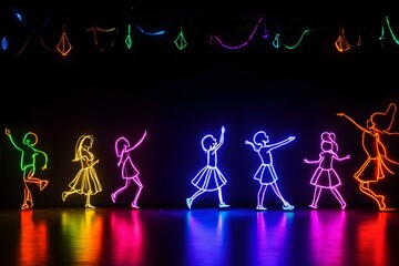 A festive scene of children watching a Christmas play in neon light with colorful trails, set against a black backdrop.