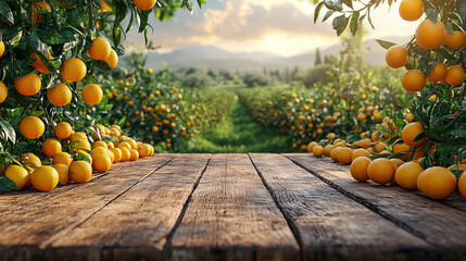 Rustic wooden table overlooking a lush orange grove at sunset