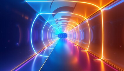 Tunnel that stretches infinitely with its walls made of glowing, holographic panels. The panels should emit neon colors blue, purple, and gold and their edges should pulse with light. 