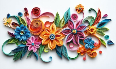 A colorful paper quilling floral design with vibrant flowers and leaves