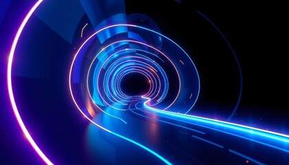 Obraz premium Tunnel that stretches infinitely with its walls made of glowing, holographic panels. The panels should emit neon colors blue, purple, and gold and their edges should pulse with light. 