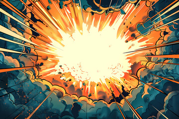 Obraz premium A vibrant comic-style explosion with bright orange and yellow bursts set against dramatic dark clouds, creating a dynamic and energetic scene.