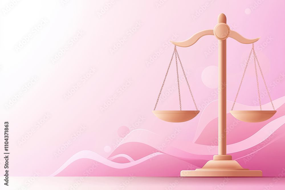 Poster this design features a stylized balance scale against a soft pink backdrop with flowing abstract ele