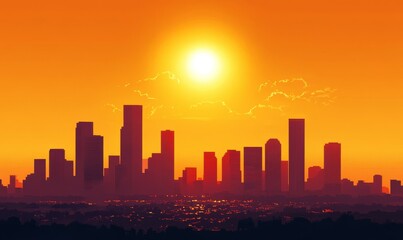 Obraz premium A city skyline with a bright orange sunset in the background