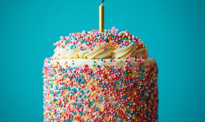This colorful birthday cake, adorned with multicolored sprinkles and a shimmering gold candle, is positioned against a bold turquoise backdrop, inviting festive celebrations and joy