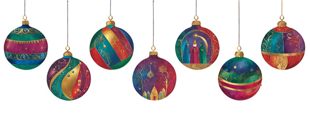 Seven cut paper illustrations of wiseman themed baubles in bold colours