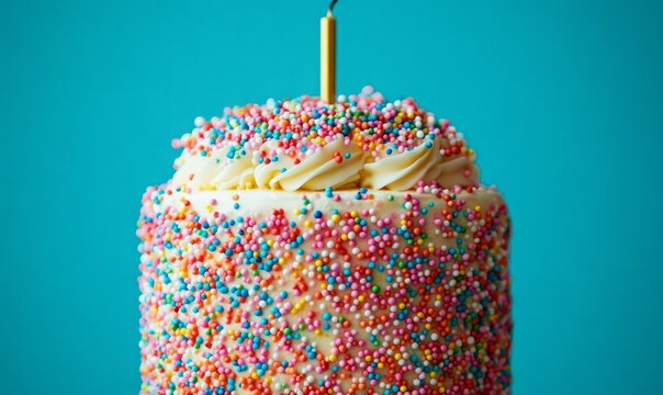 This colorful birthday cake, adorned with multicolored sprinkles and a shimmering gold candle, is positioned against a bold turquoise backdrop, inviting festive celebrations and joy