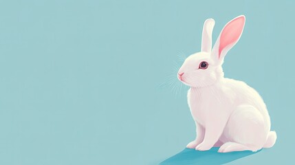 White rabbit isolated on blue background with copy space. Happy easter banner, flyer, card
