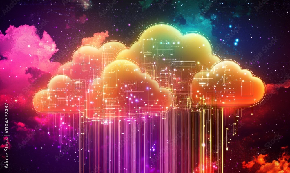 Poster a modern representation of cloud computing with glowing clouds and circuit connections, ideal for te