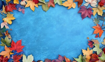 A blue background with a colorful leafy border