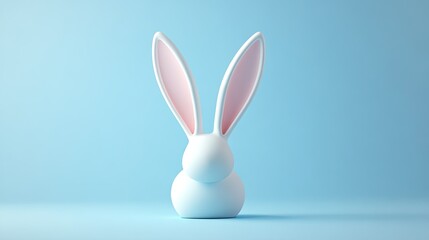 Obraz premium Minimalist 3D illustration of white rabbit with large pink ears in the center of pastel blue background with cope space. Stylized bunny ideal for projects related to Easter, spring, minimalist decor 