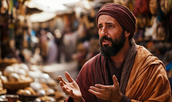 A figure resembling the biblical Paul speaking earnestly, dressed in traditional robes, set in an ancient marketplace