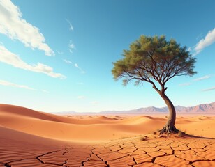 Lone tree standing in a cracked dry desert landscape with orange sand dunes and blue sky in the background. Environmental and climate change concept.