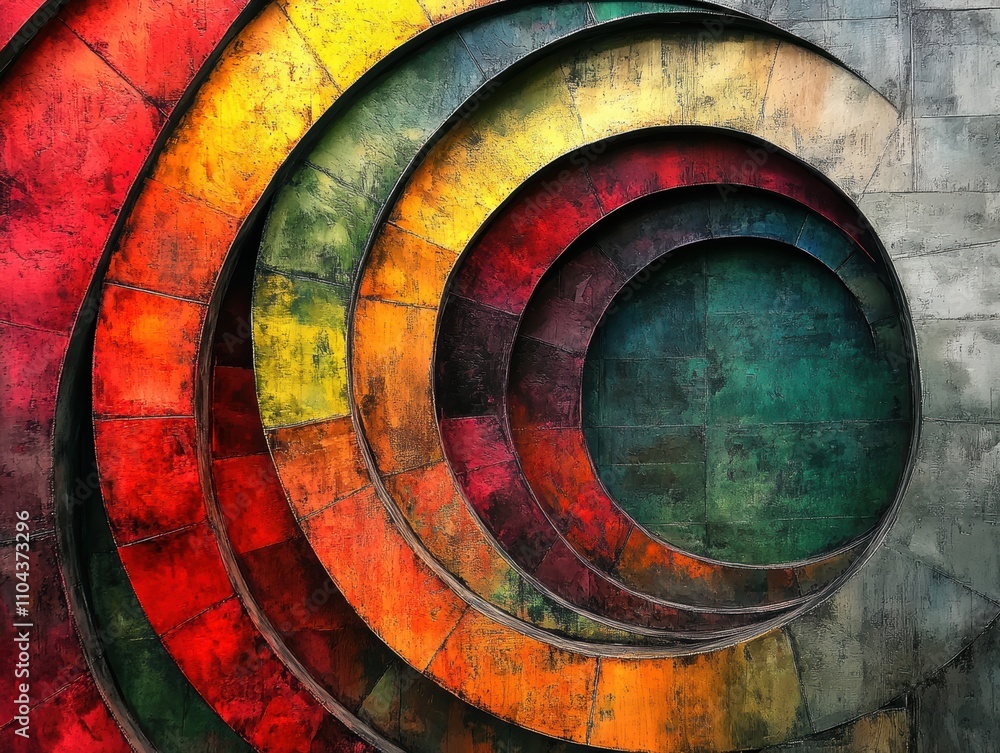 Poster abstract circular design with vibrant colors creating a textured visual effect.