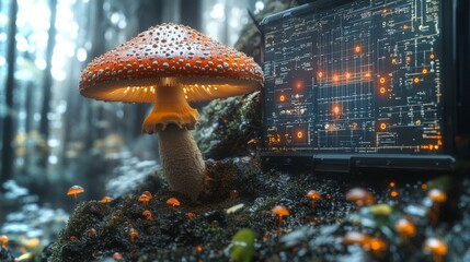 Analyzing Amanita muscaria with advanced technology in a futuristic forest environment