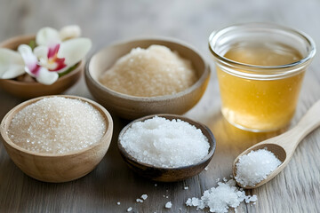 Natural sweeteners and salts in wooden bowls and a glass jar highlight culinary artistry