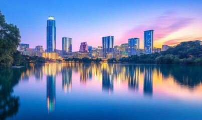 A city skyline is reflected in the water