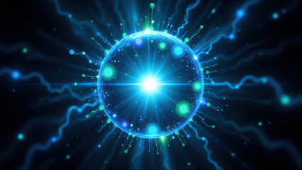 Obraz premium A dynamic visual representation of a medication with blue and green energy effects radiating from it.