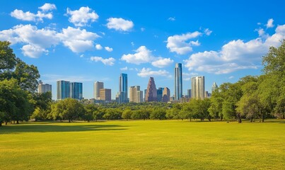 A city skyline is visible from a large open space
