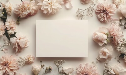 Wedding invitation mockup. Blank template for design or product placement. Blank card on neutral background with flowers. Elegant wedding flat lay composition