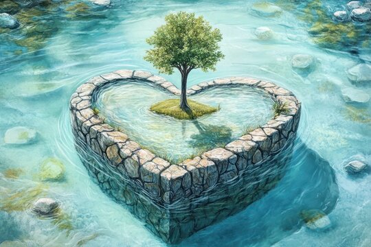 A whimsical drawing of a heart-shaped island with a single tree in the center, surrounded by a crystal-clear lake,