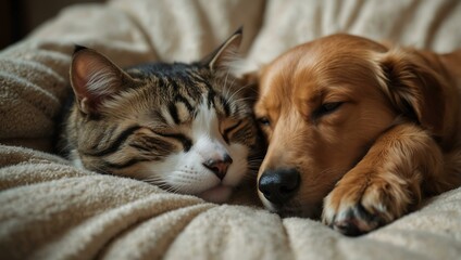 Cat and dog cuddling, sleeping together.