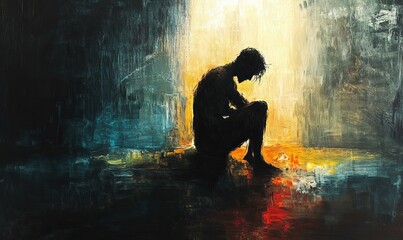 Obraz premium A reflective figure evoking the biblical Paul in confinement, illuminated by a strong light, depicted in a painterly style