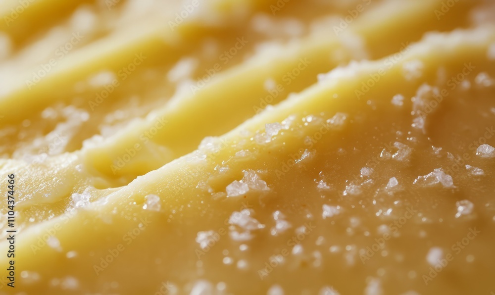 Poster a closeup of a rich buttery cheese with a smooth surface and a faint sprinkle of sea salt on top add
