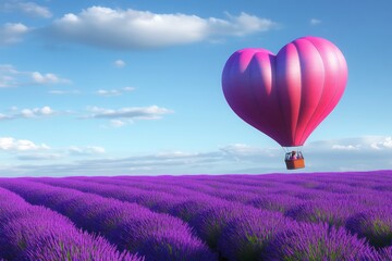 Fototapeta premium A whimsical scene of a heart-shaped hot air balloon floating over a field of lavender,