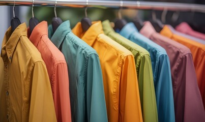 A row of colorful shirts are hanging on a line