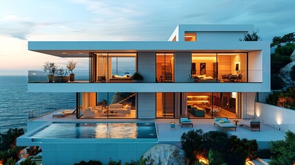 Fototapeta premium A large white house with a pool and a balcony overlooking the ocean