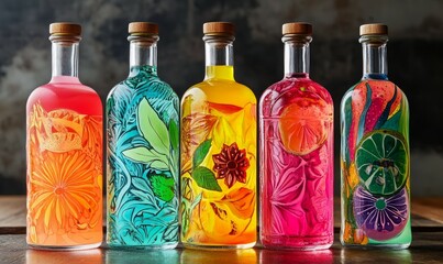 A lineup of five bottles containing brightly colored drinks