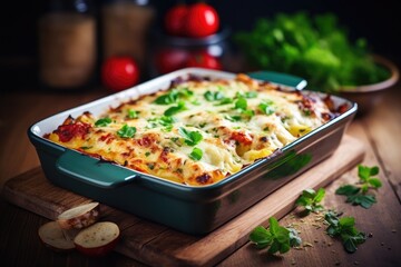 Delicious vegetable lasagna on a wooden background in a baking dish