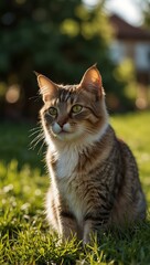 Fototapeta premium Cat on green grass in warm afternoon light.