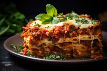 Detail shot of a segment of lasagna