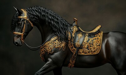 A majestic black horse adorned with ornate golden tack, exuding elegance and strength