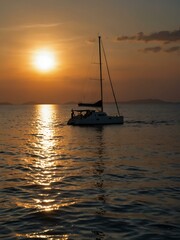 Catamaran anchored at sunset.