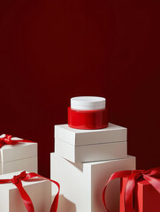Gift-wrapped skincare collection festive atmosphere product elegant setting