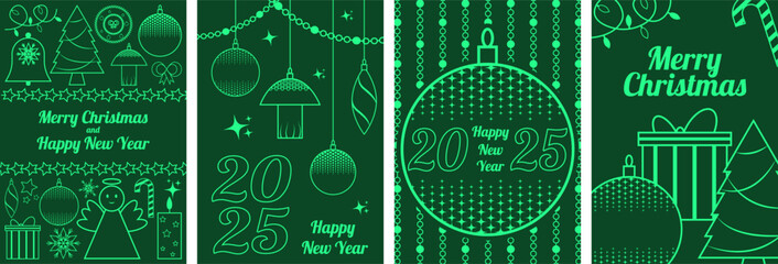 set of a5 christmas cards, festive winter minimalist cards with simple outline elements, christmas tree, gift, snowflakes, angel, christmas tree decorations, garlands, stars, wreath, bell, candle