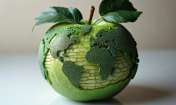 A creatively carved green apple depicting a world map, symbolizing global themes in food art.