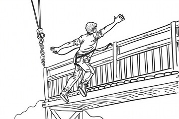 A young man confidently balances on a narrow beam, showcasing daring agility and courage in a high-contrast, black and white illustration.