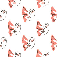 Woman face Continuous line seamless pattern. Abstract Female portrait with Butterfly. Drawing vector Wallpaper, fabric, wrapping paper, card, poster