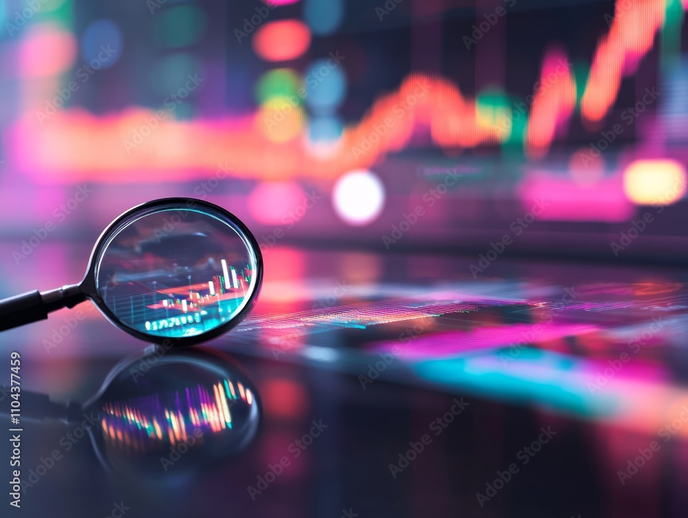 Leinwandbilder A digital screen displays colorful data analysis charts and graphs, with a magnifying glass highlighting specific metrics in a vibrant environment. The left side offers copy space for additional text