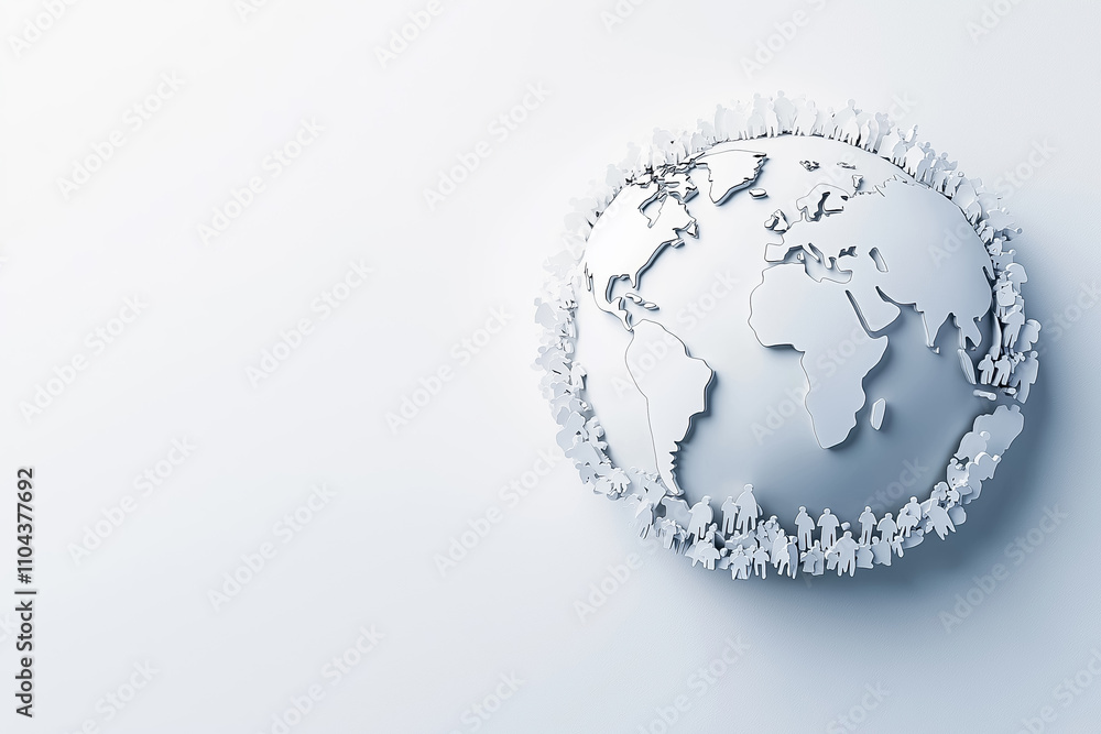 Poster a simple globe is surrounded by human figures, symbolizing global unity and interconnectedness among
